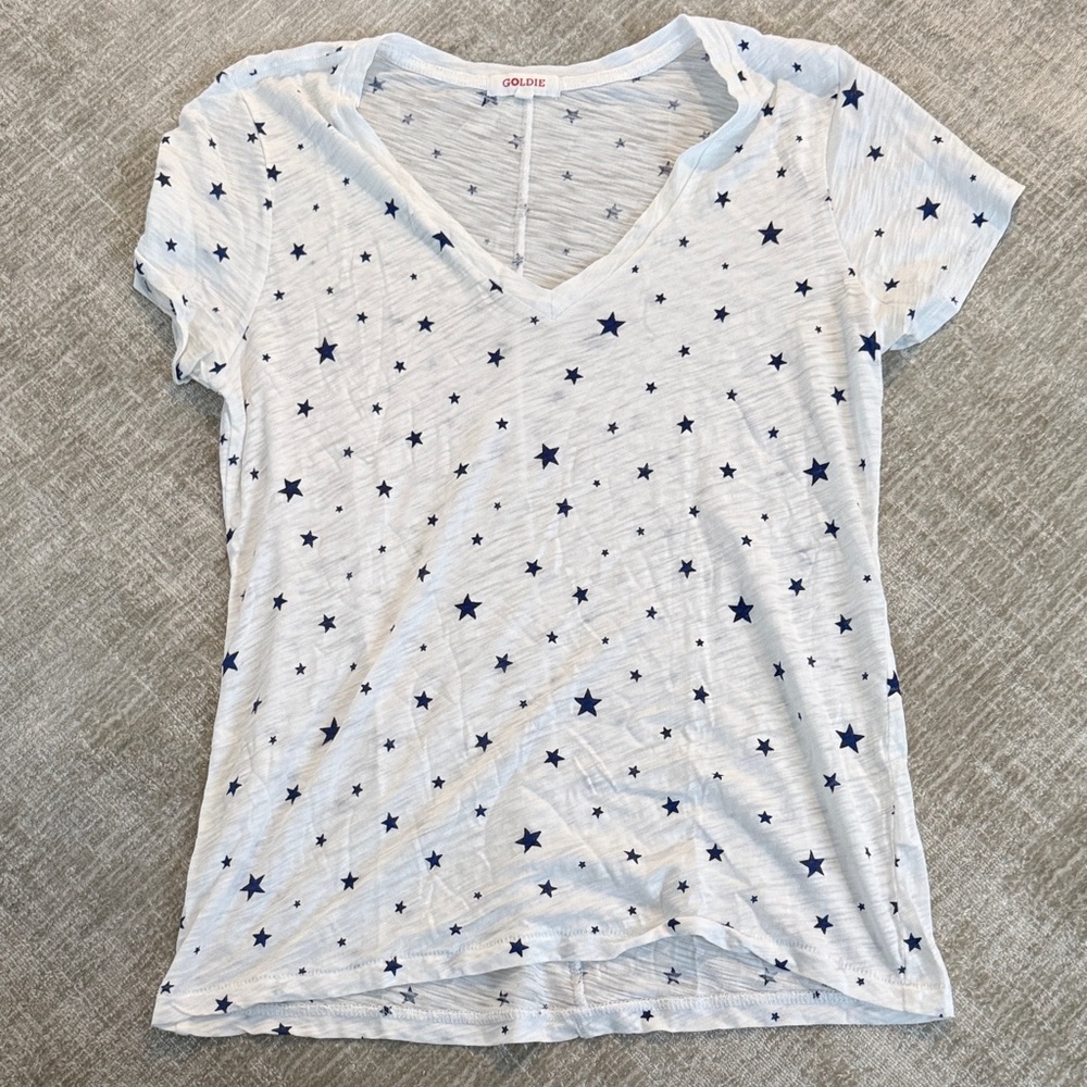 Goldie White Short-Sleeve V-Neck Tee with Navy Star Print